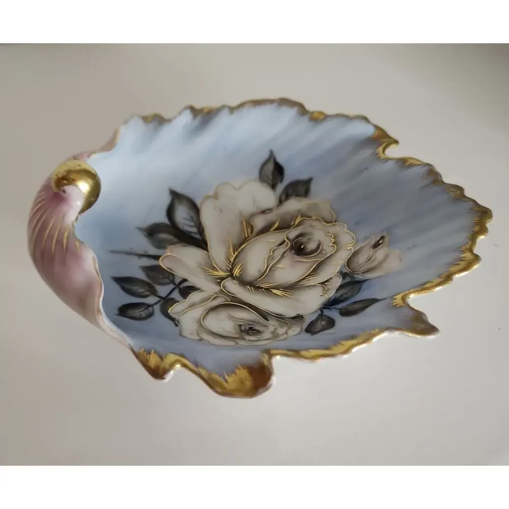 Vtg Chubu China Hand Painted Shell Shaped Trinket Dish Rose Pale Blue, Pink